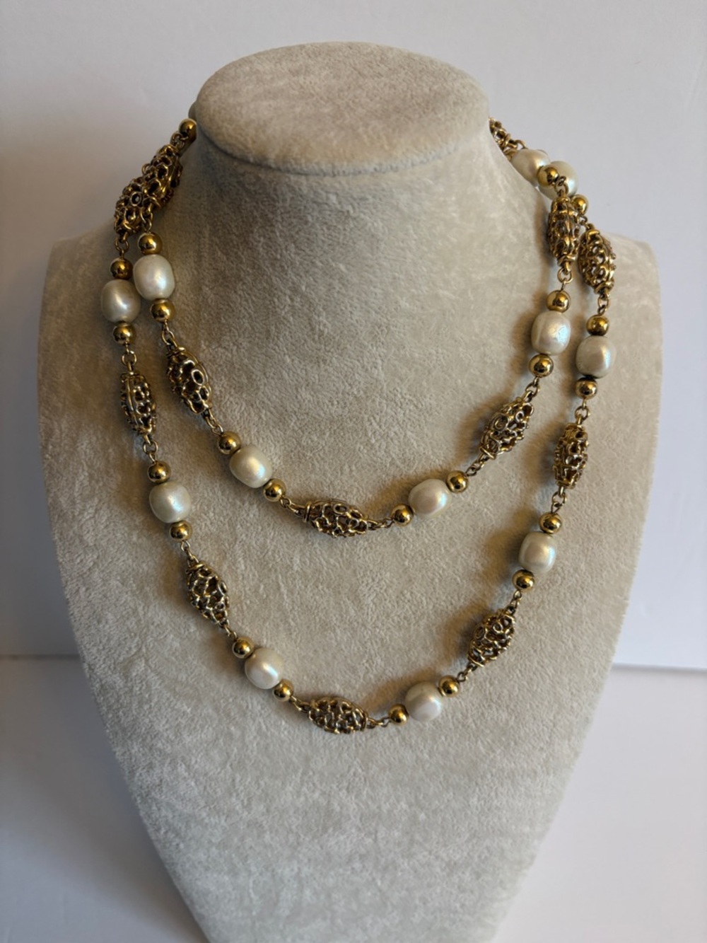 Gold Filigree & Faux Pearl Station Necklace | Vintage Style Layering 32"